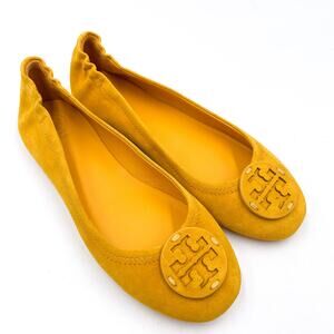 Tory Burch Minnie Travel Ballet Flats Gold‎ Crest Suede Leather Logo Yellow Sz 7